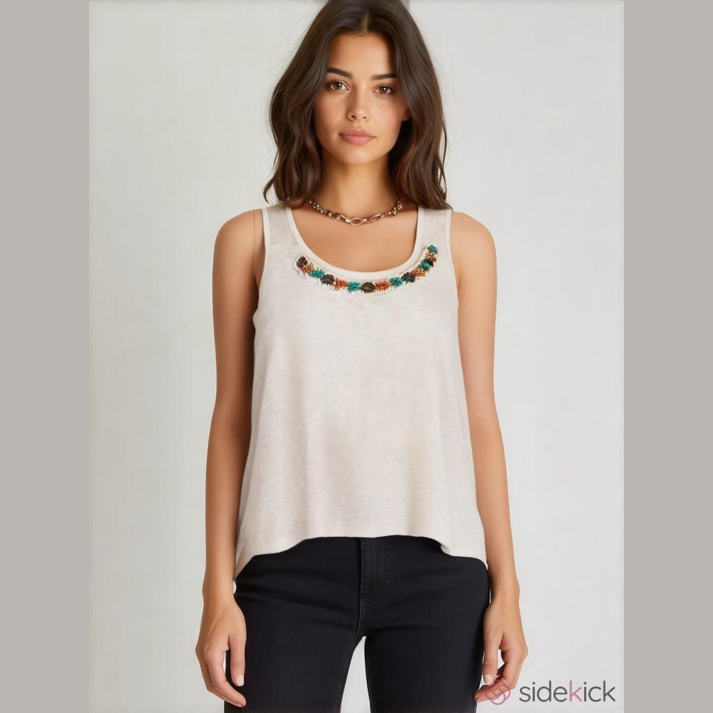 Status By Chenault Multi Color Beaded Round Neck Tan Tank Top